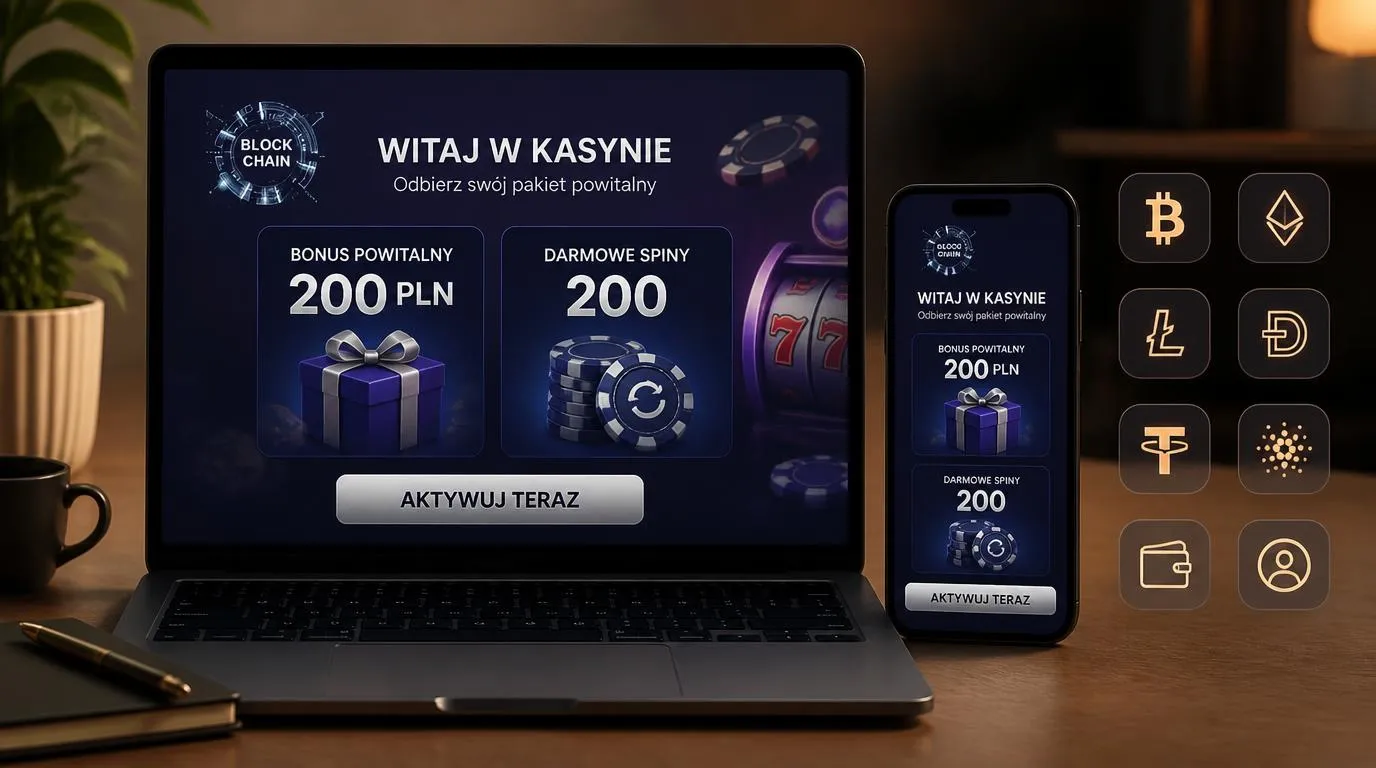 Laptop i telefon z widokiem oferty powitalnej oraz symbolami płatności kryptowalutami i portfelami elektronicznymi