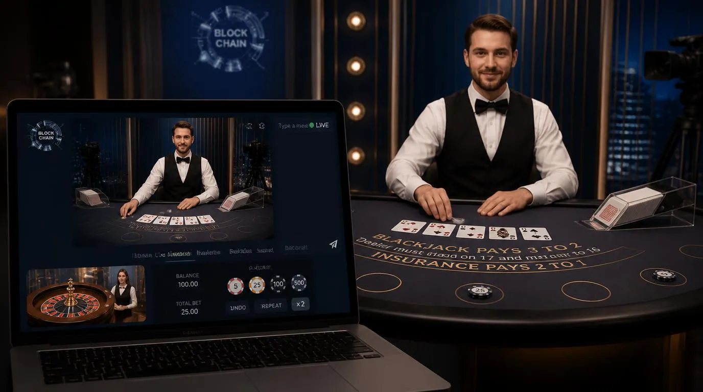 Krupier przy stole blackjacka w studiu kasyna na żywo, z widoczną transmisją i panelem zakładów