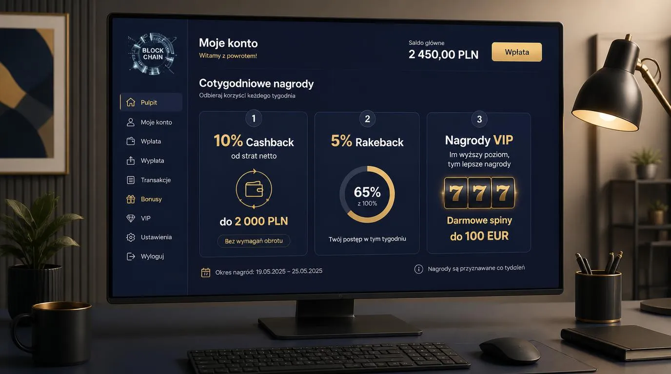 Ekran z kartami cotygodniowego cashbacku, rakebacku i nagród VIP
