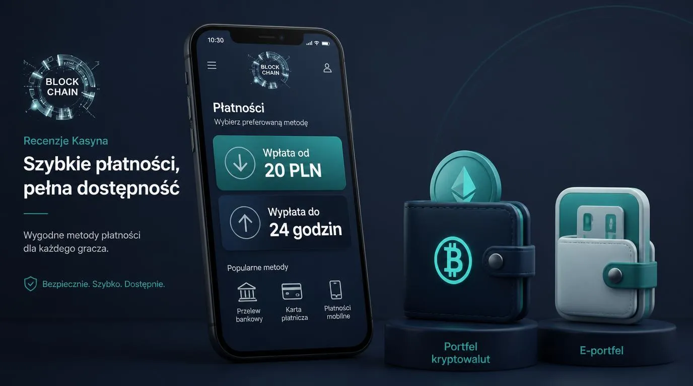 Telefon z panelem wpłaty 20 PLN i wypłaty do 24 godzin obok ikon kryptowalut i portfela elektronicznego